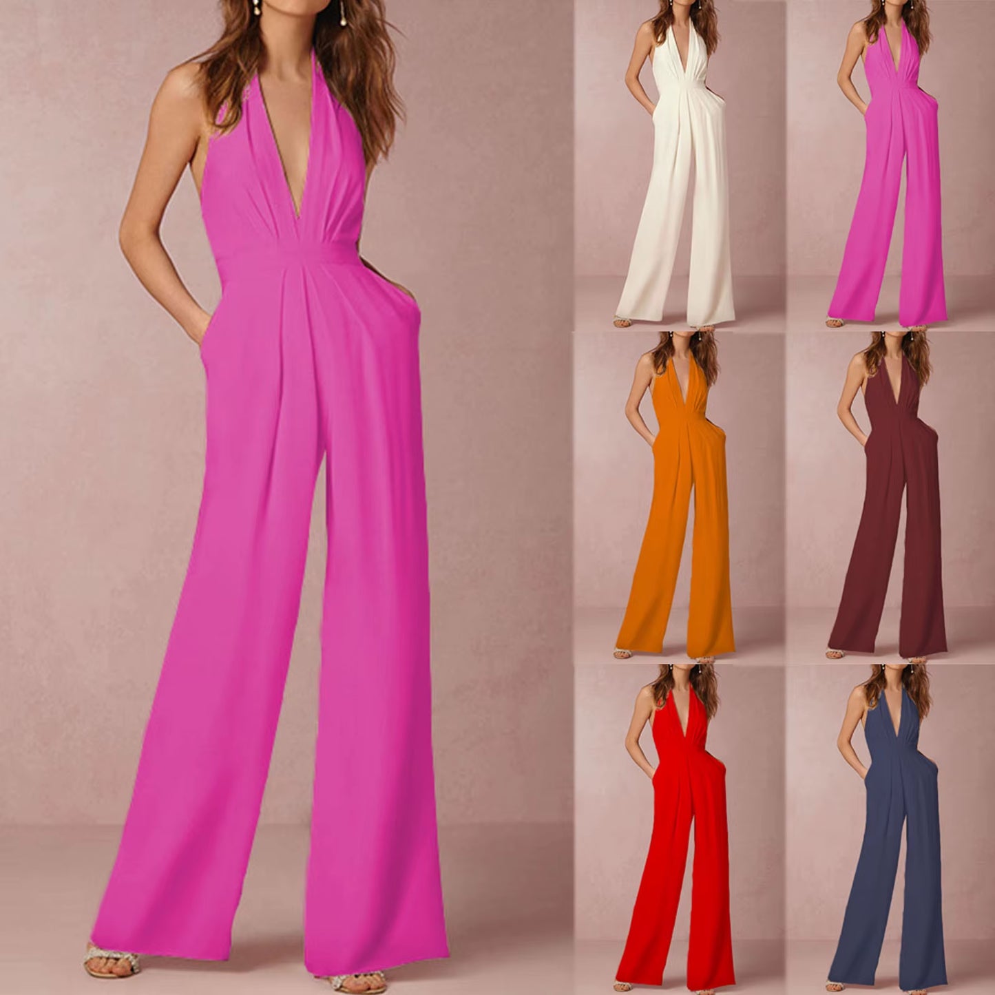 Women'S Clothing Sales Today Clearance Women Sexy Solid Color Party Sexy Halterneck Trousers with Pockets Jumpsuit Ropa Dama