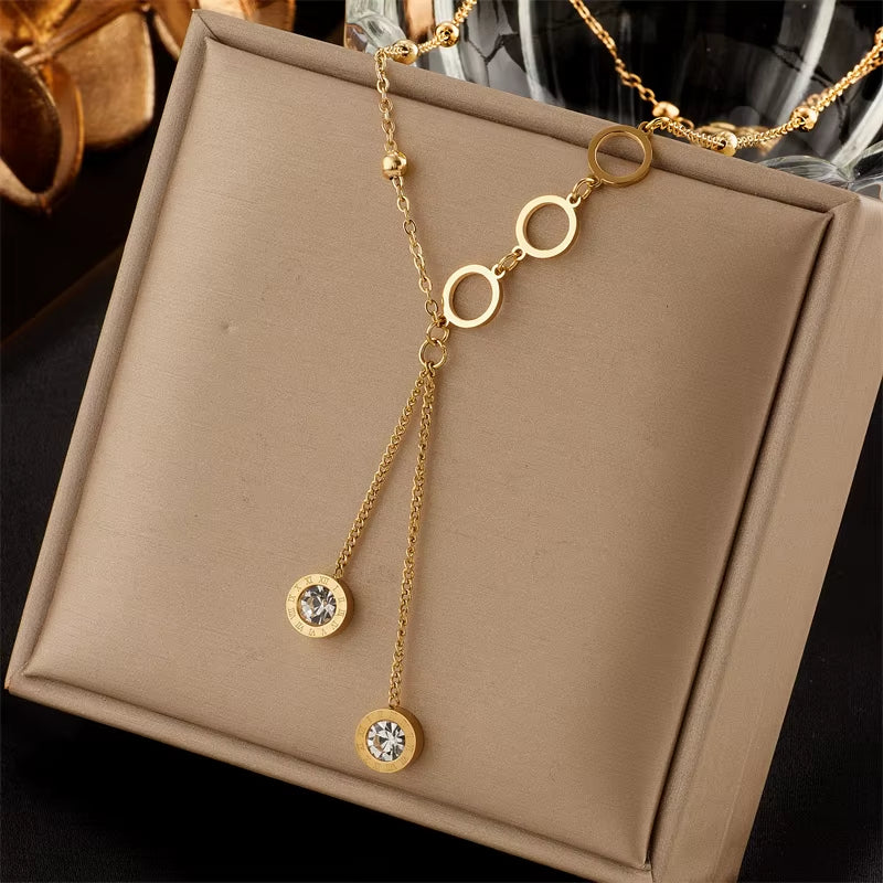 316L Stainless Steel Roman Necklace for Women Luxury Designer Fashion Zircon Long Pendant Necklaces Girls Jewelry Gift